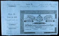 1857. Banco de Zaragoza. 200 reales de vellón. (Ed. A118B). 14 de mayo. Sin taladro ni firmas. Con matrices lateral a izquierda y superior. EBC.