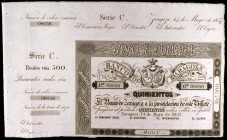 1857. Banco de Zaragoza. 500 reales de vellón. (Ed. A119B). 14 de mayo. Sin taladros ni firmas. Con matrices lateral izquierda y superior. EBC.