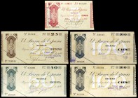 1936. Bilbao. 5 (serie A), 25, 50 y 100 pesetas (dos). (Ed. C19Ab, C20a, C21d, C22a y C22b). 5 billetes con antefirmas distintas. A examinar. MBC-/EBC...