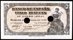 1937. Burgos. 5 pesetas. (Ed. D25n var). 18 de julio. Serie B, sin numeración. Inutilizado con dos taladros. S/C-.