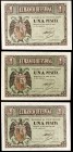 1938. Burgos. 1 peseta. (Ed. D29, D29a y D29b). 30 de abril. 3 billetes, series: A, F y N. EBC+/S/C-.