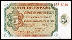 1938. Burgos. 5 pesetas. (Ed. D36a). 10 de agosto. Serie L. S/C-.