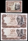 Lote de 3 billetes: 1 peseta 1953, serie C y una pareja correlativa de las 100 pesetas de 1970, serie 9C. S/C-.