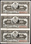 1897. El Banco Español de la Isla de Cuba. 20 centavos. (Ed. CU82). Habana, 15 de febrero. Plancha de 3 billetes correlativos sin cortar. S/C-.