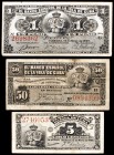 1896. El Banco Español de la Isla de Cuba. 5 y 50 centavos, y 1 peso. Habana, 15 de mayo. Serie de 3 billetes. MBC-/MBC+.