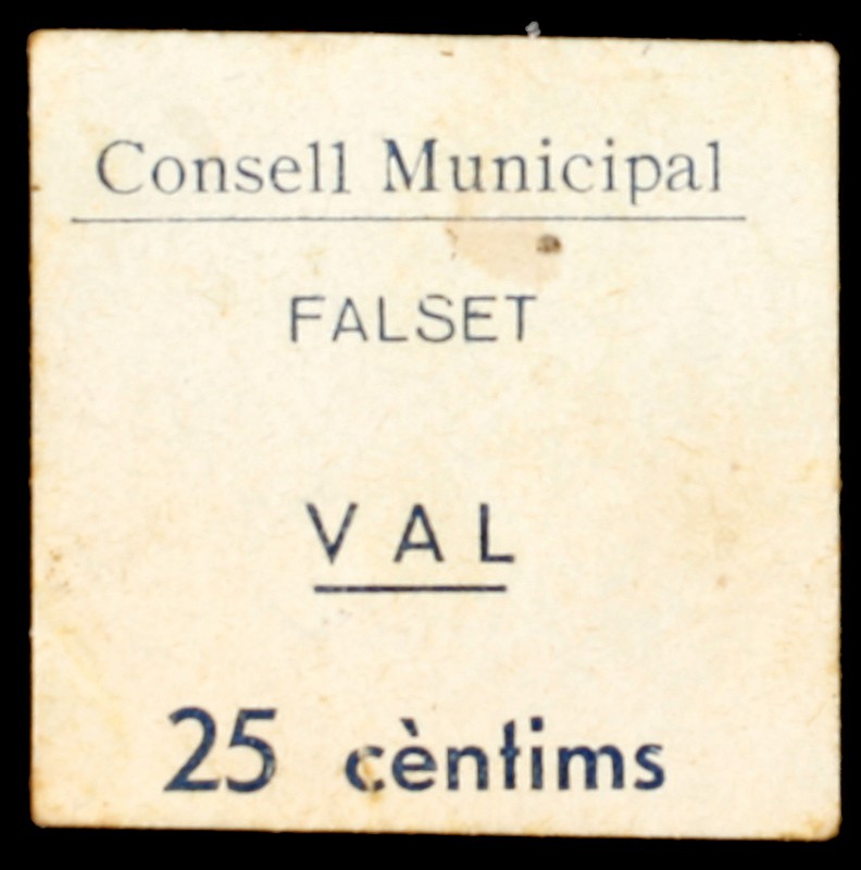 Falset. 25 céntimos. (T. 1124). Cartón. Raro. MBC.