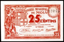 Moià. 25 céntimos y 1 peseta (2). (T. 1724 a 1726). 3 billetes, todos los de la localidad. BC/EBC+.