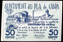 El Pla de Cabra. 10, 15, 25 y 50 céntimos y 1 peseta. (T. 2137b, 2138b, 2139, 2140a y 2141a). Lote de 3 billetes y 2 cartones, una serie completa. Con...
