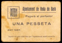 Roda de Berà. 1 peseta. (T. 2524). Cartón. Nº 76. Raro. MBC-.
