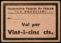 Cooperativa Popular de Consum "La Previsió". 25 céntimos. Cartón. Raro. MBC+.