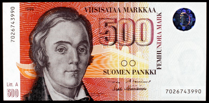 1986 (1991). Finlandia. Banco Finlandés. 500 marcos. (Pick 120). Elias Lönnrot. ...