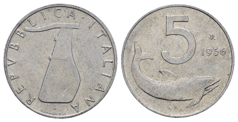 ITALIA. Repubblica Italiana. 5 lire 1956 "Delfino". Rara. Gig. 287. SPL