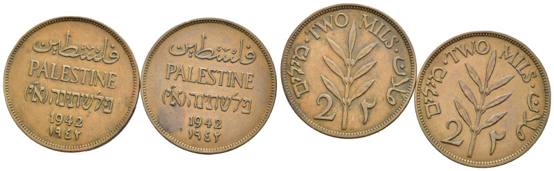 PALESTINA. Mandato Britannico. Lotto di 2 monete da 2 Mils 1942. Cu. BB