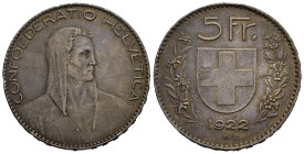 SVIZZERA. 5 Francs 1922 B. Ag. KM#37. BB+