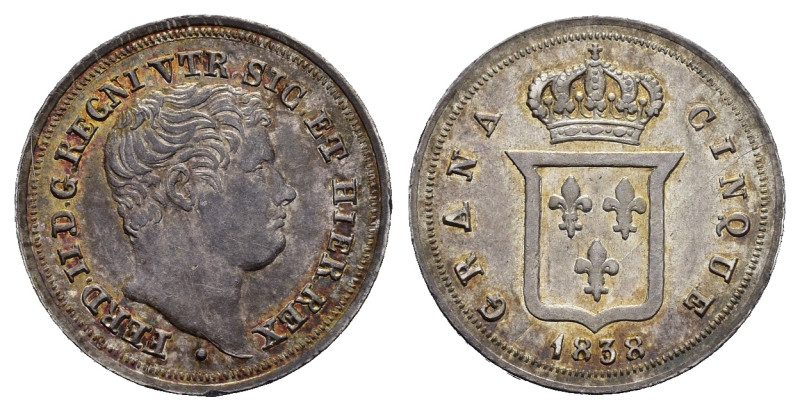 NAPOLI. Ferdinando II di Borbone (1830-1859). 5 grana 1838. Ag. Magliocca 657. q...