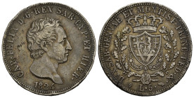Regno di Sardegna. Carlo Felice (1821-1831). 5 lire 1824 Torino. Ag. Gig. 40. Rara. Colpetti al bordo. qBB