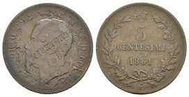 Regno d'Italia. Vittorio Emanuele II (1861-1878). 5 centesimi 1861 N (Napoli). R/ribattuto sul D/ (artefatto ?). Cu (4,85 g). MB