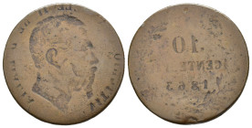 Regno d'Italia. Vittorio Emanuele II (1861-1878). 10 centesimi con ribattiture, artefatto. Cu (8,58) peso calante per trattarsi di un tondello da 10 c...