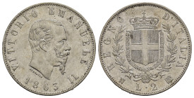 Regno d'Italia. Vittorio Emanuele II (1861-1878). Napoli. 2 lira 1863 N "Stemma". Ag. Gig. 56. qFDC