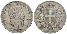 Regno d'Italia. Vittorio Emanuele II (1861-1878). 5 lire 1869 M. Milano. Ag. Gig. 39. BB