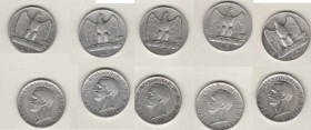 Regno d'Italia. Vittorio Emanuele III (1900-1943). Lotto 5 monete in argento: serie completa 5 Lire aquilini 1926-1930. Gigante 73/77 BB/BB+