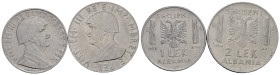 Regno d'Italia. Vittorio Emanuele III (1900-1943). Albania. Lotto di 2 monete: 1 lek 1939 magnetica; 2 lek 1939 antimagnetica. Ni. SPL