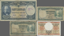 Albania: Banca Nazionale d'Albania, set with 8 banknotes, 1926-1942 ND series, including 2x 5 Franka Ari ND(1926) (P.2a,b F/F-), 20 Franka Ari ND(1926...