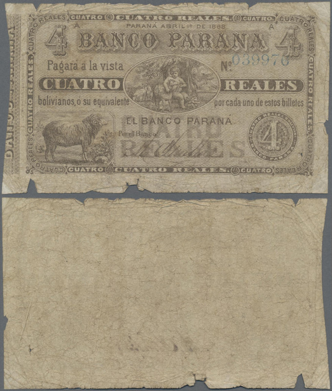 Argentina: Banco Parana 4 Reales 1868, P.S1814a, small border tears, margin spli...
