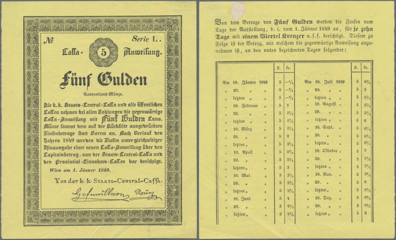 Austria: k.k. Staats-Central-Cassa 5 Gulden 1849 proof print or formular on yell...