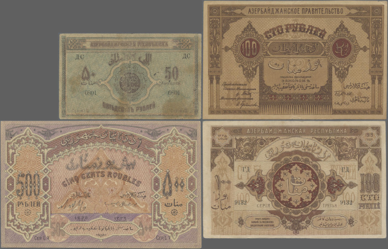 Azerbaijan: Republic of Azerbaijan and Azerbaijan Government, lot with 4 banknot...