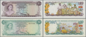 Bahamas: The Bahamas Government, L.1965 series, pair with 50 Cents and 1 Dollar, both with signatures: Sands & Higgs, P.17a in UNC and P.18a in VF con...