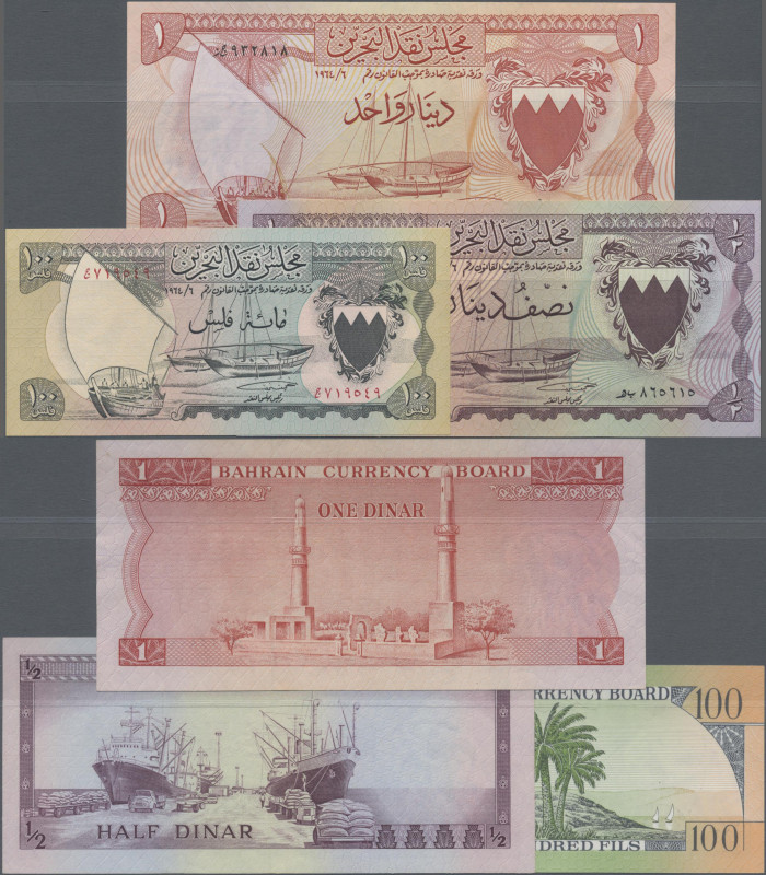 Bahrain: Bahrain Currency Board, set with 3 banknotes, L.1964 series, with 100 F...
