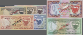 Bahrain: Bahrain Currency Board and Bahrain Monetary Agency, collectors series with 100 Fils, ¼, ½, 1, 5, 10 and 20 Dinars with red overprint ”Specime...