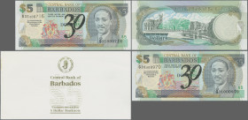 Barbados: Central Bank of Barbados, pair of 5 Dollars ND(2002) commemorating the 30th Anniversary of the Central Bank of Barbados, P.65A, both in orig...