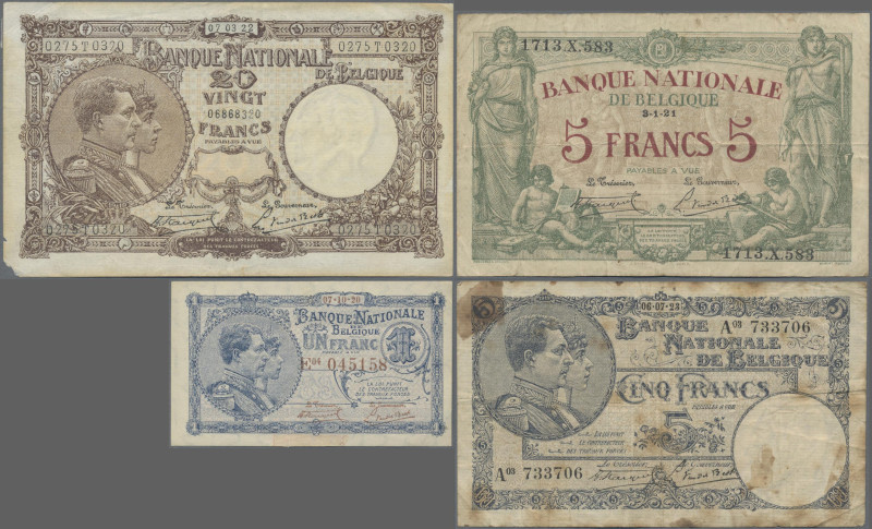 Belgium: Banque Nationale de Belgique, lot with 9 banknotes, 1914-1929 series, i...