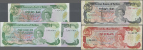 Belize: The Monetary Authority and Central Bank of Belize, nice set with 5 banknotes, 1980-1987 series, with 3x 1 Dollar 1980, 1983, 1987 (P.38 UNC, P...