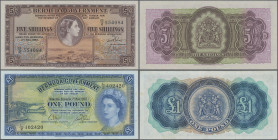 Bermuda: Bermuda Government, pair with 5 Shillings 1957 (P.18b, aUNC/UNC with tiny dint lower right and upper left) and 1 Pound 1957 (P.20c, XF+/aUNC ...