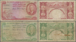 British Caribbean Territories: Currency Board of the British Caribbean Territories, pair with 1 Dollar 28th November 1950 (P.1, F) and 5 Dollars 1st S...