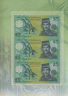 Brunei: State Bank of Brunei Darussalam, uncut sheet with 3 pieces 5 Ringgit 2002, Polymer, P.23 in original folder and in UNC condition. (3 pcs. uncu...
