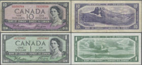 Canada: Bank of Canada, 1 and 10 Dollars 1954, ”Devil's Face” notes with signatures Beattie & Coyne, 1 Dollar, P.66b (VF+/XF) and 10 Dollars P.69b (F/...