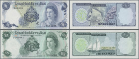 Cayman Islands: Cayman Islands Currency Board, pair with 1 Dollar L.1971 and prefix A/2 (P.1b, UNC) and 5 Dollars L.1971 with prefix A/1 (P.2, UNC). (...