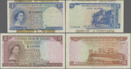 Ceylon: Central Bank of Ceylon, series 1954, pair with 1 Rupee (P.49, VF with remnants of glue) and 2 Rupees (P.50, XF+/aUNC). (2 pcs.)
 [differenzbe...