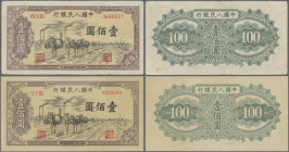 China: Peoples Bank of China, first series Renminbi 1949, pair with 100 Yuan, serial number IV X II 3686537, P.836 (F/F+) and a modern reprint of this...
