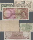 Fiji: Government of Fiji, lot with 3 banknotes, 1942 and 1957 series, with 1 Penny 1942 (P.47a, F with spots), 2 Shillings 1942 (P.50a, F+/VF) and 10 ...