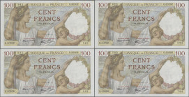 France: Banque de France, lot with 10 banknotes 100 Francs 02.04.1942, all with series O.30202 and different block #, P.94, excellent condition and gr...