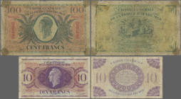 Guadeloupe: Caisse Centrale de la France d'Outre-Mer – GUADELOUPE, pair with 10 Francs 1944 (P.27, F/F-) and 100 Francs 1944 (P.29, VG/F-, previously ...