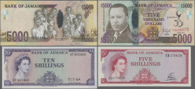 Jamaica: Bank of Jamaica, very nice lot with 3 banknotes, 1964-2012 series, with 5 Shillings L.1960 (P.49, UNC), 10 Shillings L.1960 (1964 ND) (P.51B,...