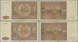Poland: Narodowy Bank Polski, pair of 1.000 Zlotych 1946, both with single letter prefix ”M”, P.122 in about Fine condition with toned paper and minor...