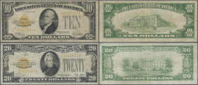 United States of America: United States Treasury – Gold Certificates, series 1928, with 10 and 20 Dollars, Fr. 2400, 2402 (P.400, 401) in F/F- conditi...