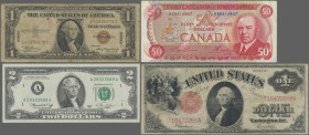 United States of America: Album with a very nice collection of more than 70 banknotes, mainly U.S. and American banknotes, including for example Canad...